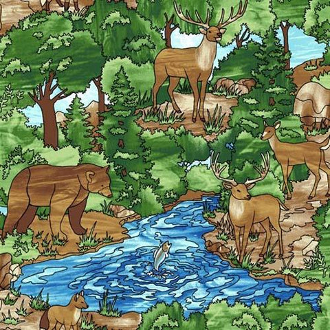 This cotton fabric features forest images such as elk, deer, bears, trees and streams in a stained glass fashion available at Colorado Creations quilting