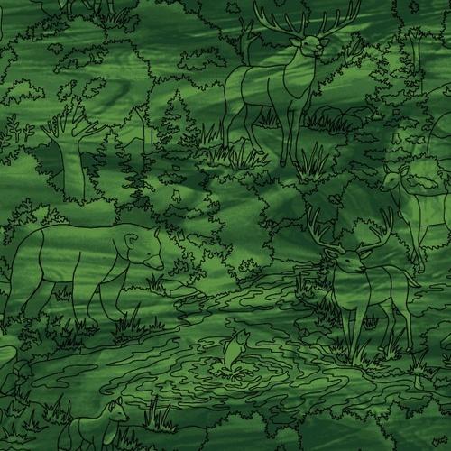 green tonal cotton fabric featuring forest images in a stained glass fashion available at Colorado Creations quilting