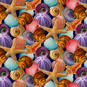 Images of packed brightly-colored seashells.  Fabric available at Colorado Creations Quilting.