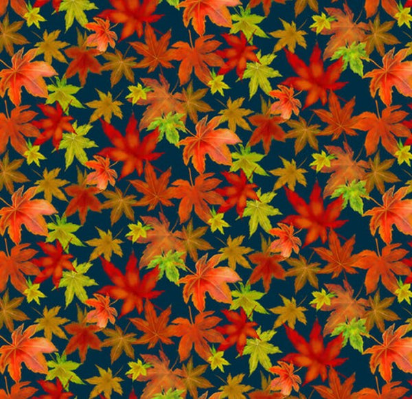 This fabric features maple leaves in oranges and greens
