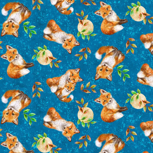 This cotton fabric features red foxes on a blue background