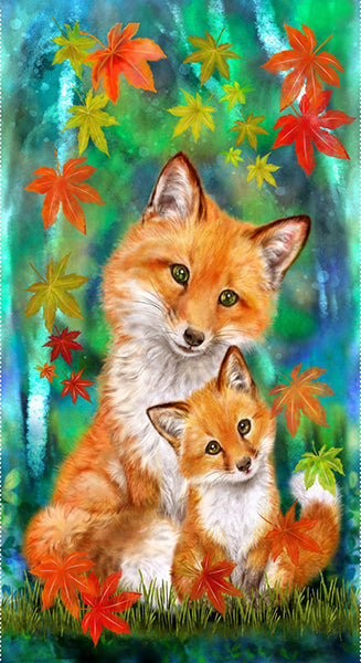 This panel features a darling little red fox and mother surrounded by falling fall maple leaves.