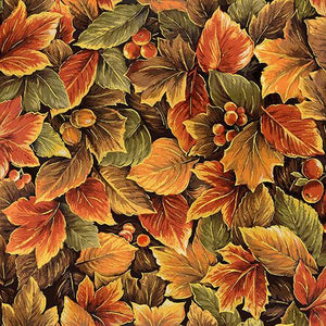 These packed maple leaves and acorns in rust, green and brown
