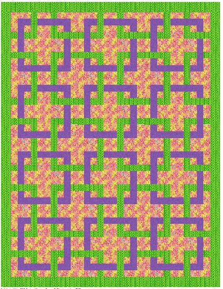 Quilt featuring entertwined lime green and lilac (purple) squares on a background of pink by Colorado Creations Quilting