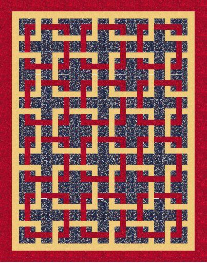 Quilt featuring entertwined red and cream squares on a background of blue by Colorado Creations Quilting