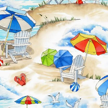 Images ofa day at the beach with blue skies, ocean, sandy beach, umbrellas, seagulls and beach balls.  Fabric available at Colorado Creations Quilting.