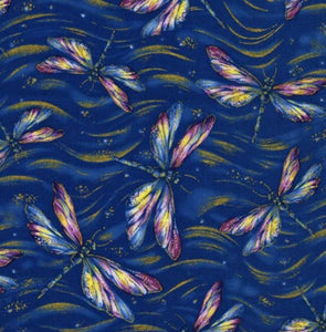 Brightly-colored dragonflies on a dark blue background are featured on this cotton fabric