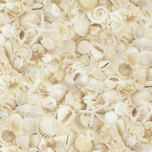 Images of packed cream-colored seashells.  Fabric available at Colorado Creations Quilting.