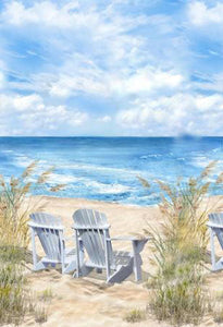 Cotton fabric panel by Timeless Treasures features adirondack chairs hidden between wild beach grass looking out over the ocean waves