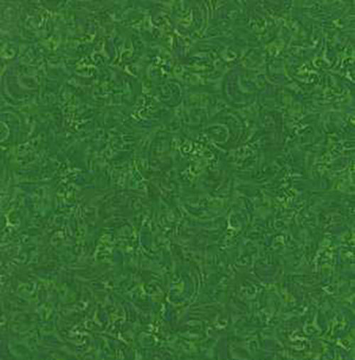 This tonal (reads as a solid) fabric features deep green colored filigree scroll designs