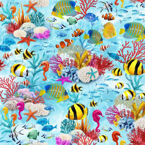 This cotton fabric has everything you'd expect to see at the bottom of an aquarium like sea horses, clown and puffer fish and many other species. Coral, seashells, starfish are represented too. 