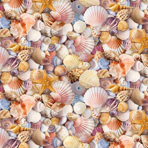 Images of packed realistic-colored seashells.  Fabric available at Colorado Creations Quilting.