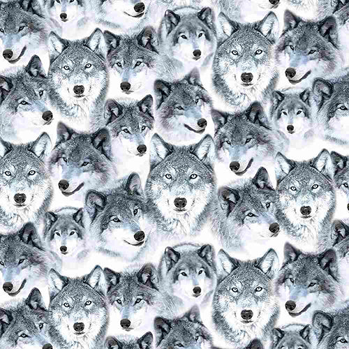 This cotton fabric features packed wolves. 
