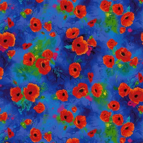 Vibrant red clusters of poppies on a rich royal blue background is the perfect coordinate for the I Dream of Poppies fabric panel. Available at Colorado Creations Quilting