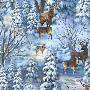 This cotton fabric features a family of deer, from fawn to buck among snow-covered evergreen trees in shades of blue and gray. 