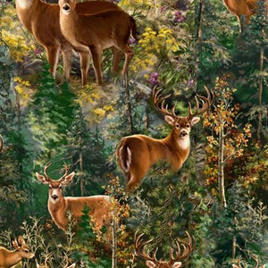 Brown deer and elk gaze at you as you have caught their attention. They're nestled among trees and wildflowers. 