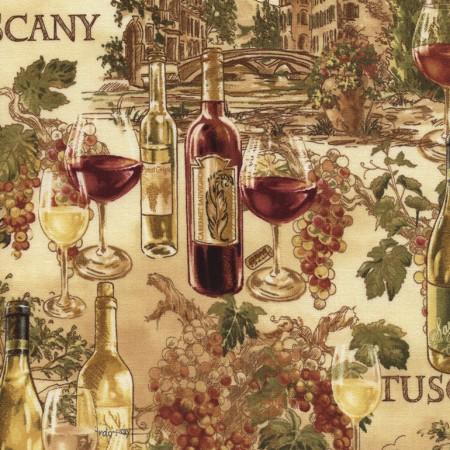 Wine bottles such as Merlot, Chardonnay and Pinot Noir among others are pictured with grape clusters and villas on a map of Tuscany in Italy.