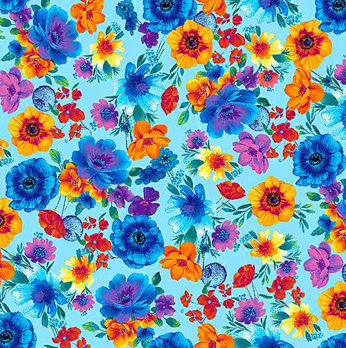 Brightly-colored flowers in blues, oranges and others colors on an aqua blue background are featured on cotton fabric