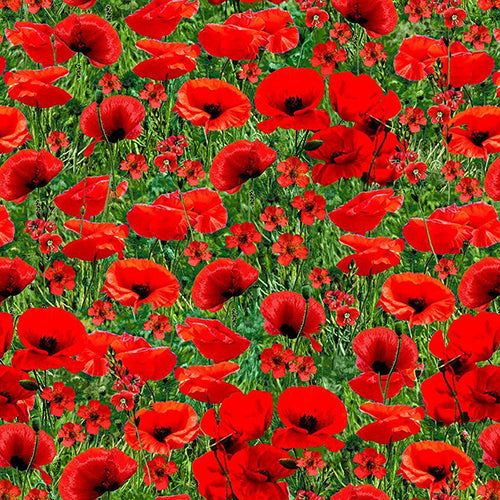This 100% cotton quilting fabric features vibrant red poppies on a field of green available at Colorado Creations Quilting
