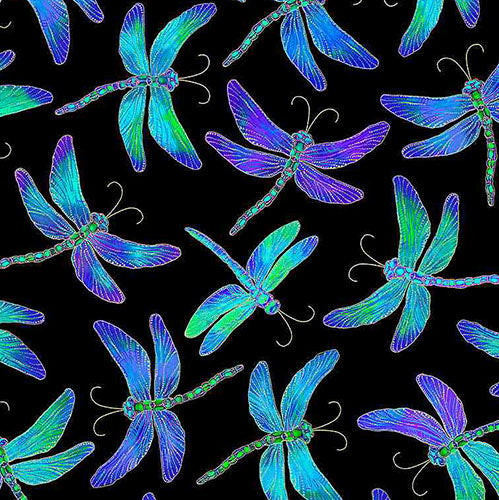 This cotton fabric features beautiful dragonflies in shimmering shades of purple, blue and green and metalic gold on a black background