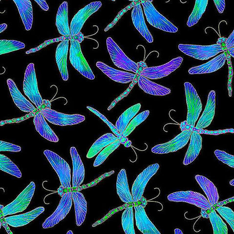 This cotton fabric features beautiful dragonflies in shimmering shades of purple, blue and green and metalic gold on a black background