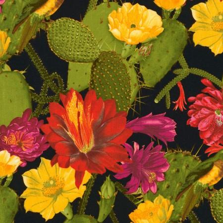Cactus with blooming large flowers in shades of yellow, pink and red cotton fabric available at Colorado Creations Quilting