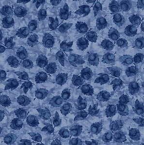 This cotton fabric features navy leaves on a blue background. 