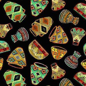 This cotton fabric features African pots, each decorated just a bit differently on a black background.