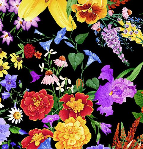 Large flowers such as pansies, bluebonnets, daisies, iris, cone flowers, morning glory to name a few are featured in this Timeless Treasures fabric.
