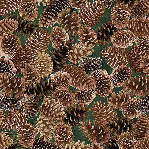 This cotton fabric features Brown Pine Cones on Green