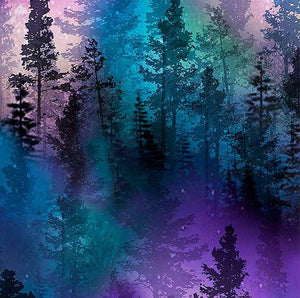 This cotton fabric features a forest of trees with the look of northern lights of blues and purples in the background.