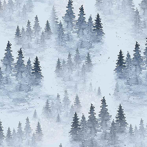 This cotton fabric features fog rolling in over winter snow-covered trees in shades of white and gray. Available at Colorado Creations Quilting