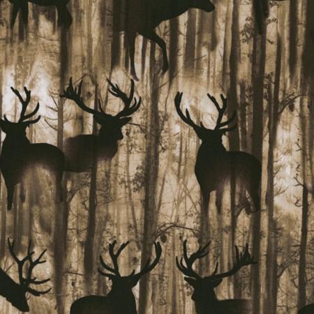 Images of brown elk silhouettes among the trees 