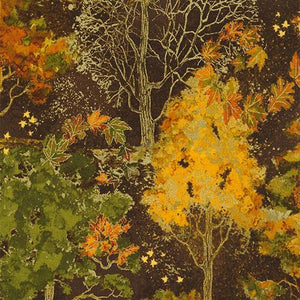 Fall trees with leaves of gold, rust and green on a brown background available at Colorado Creations Quilting