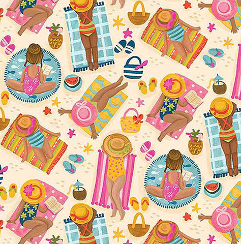 This fun cotton fabric novelty print features girls lying on the sand on bright beach towels with big sun hats.