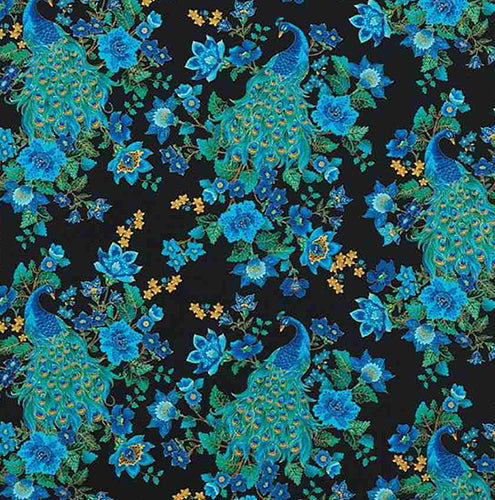 This cotton fabric features peacocks in rich blues and turqouise with metallic gold outline on a black background.  
