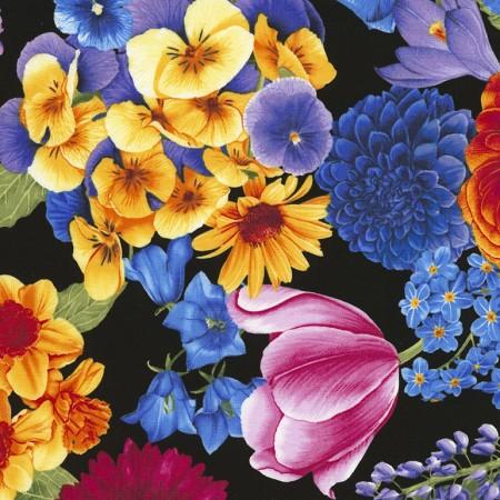Brightly-colored flowers such as tulips, pansies, daffodils in all the colors of the rainbow available at Colorado Creations Quilting