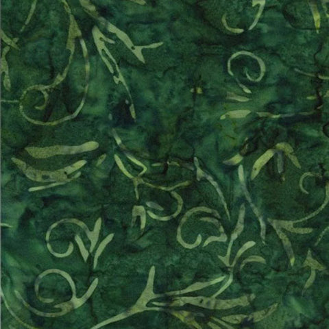 This tonal batik cotton fabric features a leaf print on a dark hunter green background.