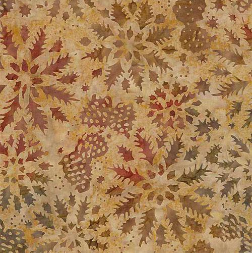 This custom printed batik fabric features walnuts and their leaves positioned in an attractive mandala- like arrangement on a light brown background.
