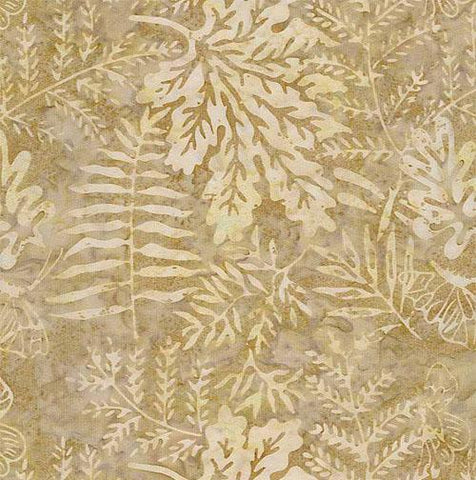 This elegant custom printed cotton batik fabric with a variety of leaves that are tastefully arranged on a dark tan background.