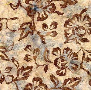 This batik cotton fabric features rich brown hibiscus flowers beautifully arranged on marbled tan background