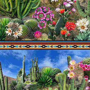 This digitally printed cotton fabric features life-like desert floor with many different types of flowering cacti such as barrel, prickly pear, and saguaro to name a few. All of that is on a backdrop of rugged mountains below a blue sky.