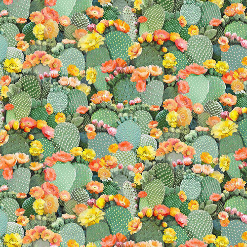 Prickly Pear Cactus with yellow flowers cotton fabric is available at Colorado Creations Quilting