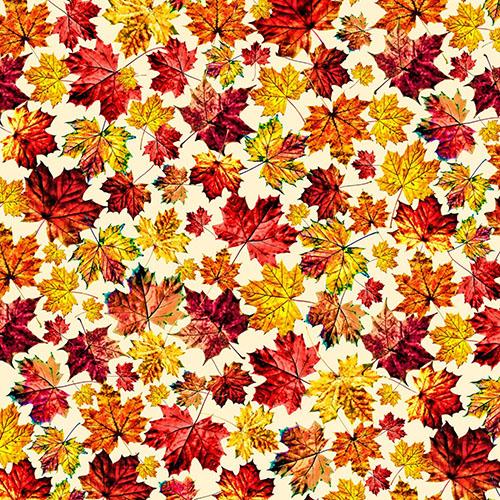 Fall-colored maple leaves in shades of red, rust and gold on a white background cotton fabric