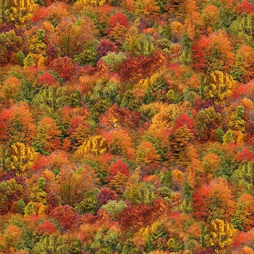Autumn trees in red, gold, rust, green cotton fabric.