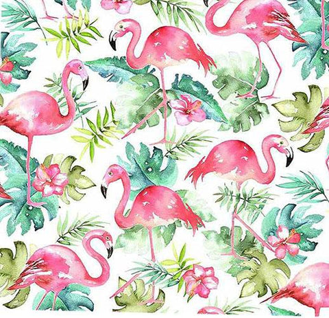 This cotton fabric features pink flamingoes on a white background.
