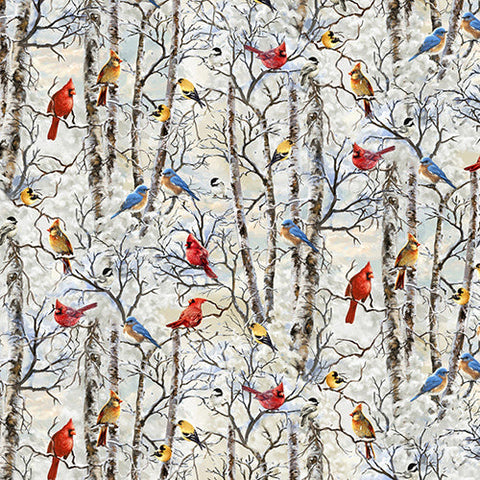 This cotton fabric features birds such as cardinals, blue birds and finches are perched among the birch trees