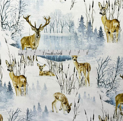 Deer in Winter Forest Cotton Fabric