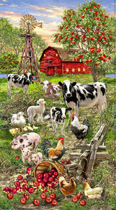 This fabric quilt panel features a typical farm scene with red barn, cows, chickens, lambs, roosters, ducks, pigs and even an apple tree by Tmeless Treasures Fabrics