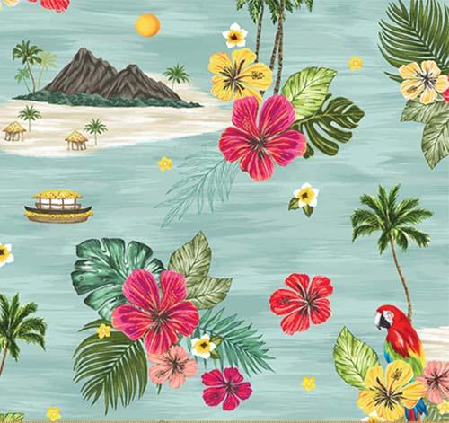 This fabric has everything you'd  expect in the tropics- island with volcano, parrots, plam trees, hibiscus flowers all on an ocean of blue.Available at Colorado Creations Quilting 